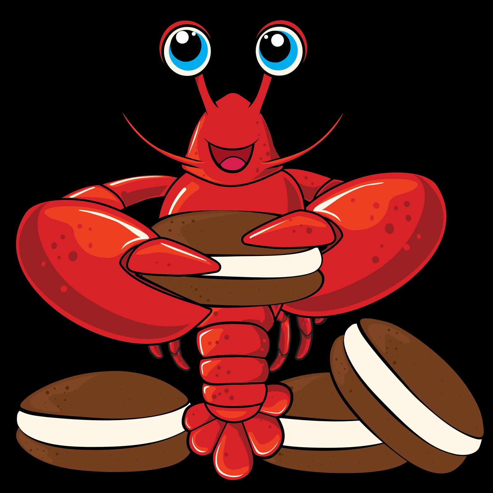 A cheerful illustrated lobster holding a whoopie pie