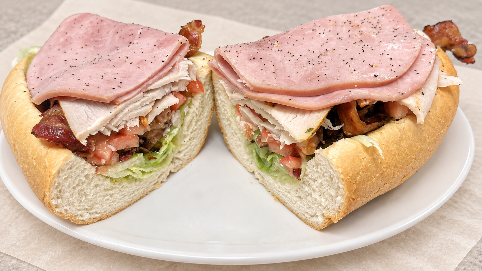 The Schooner deli sub stacked with turkey, ham, bacon, and vegetables