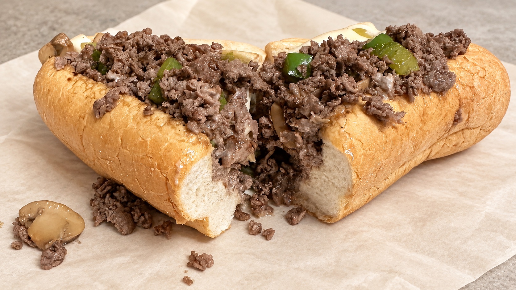 Steak bomb sub with peppers, onions, mushrooms, and melted cheese
